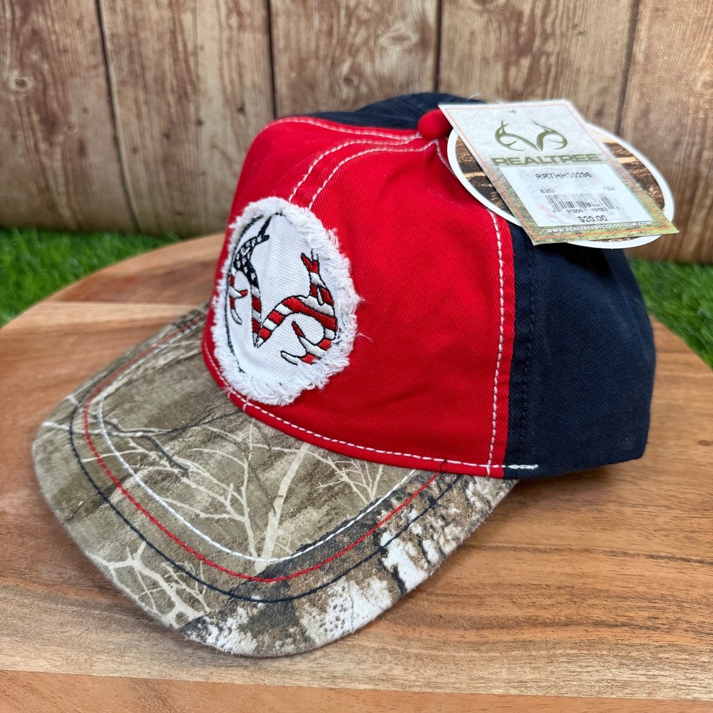 Realtree Colosseum Snapback Hat Mens One Size Red Navy Camo Flag Patch NWT